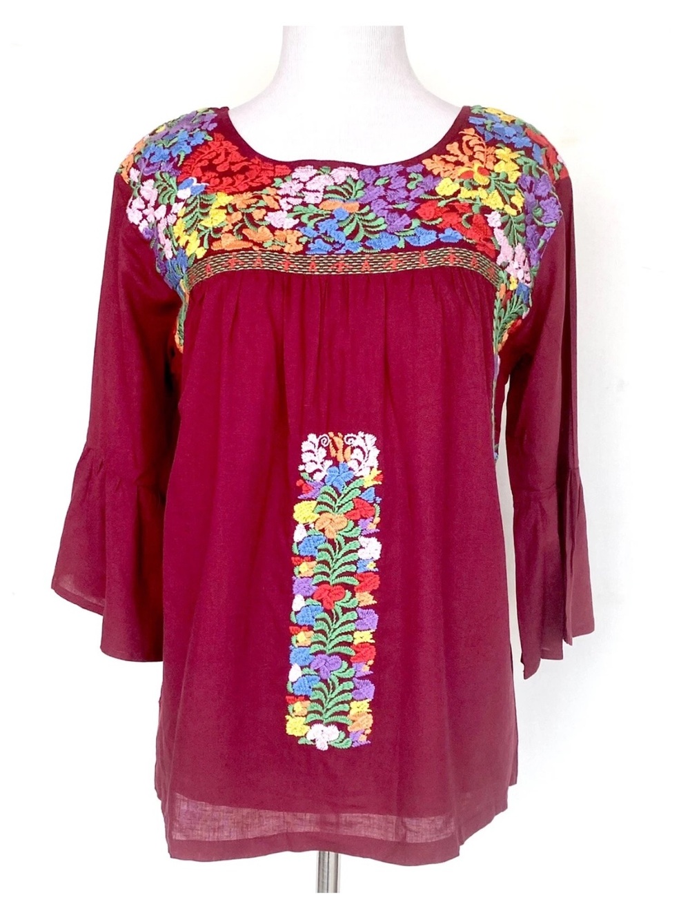 Women's Embroidered Wine  peasant hippy boho Blouse - Floral Yoke Design anthro